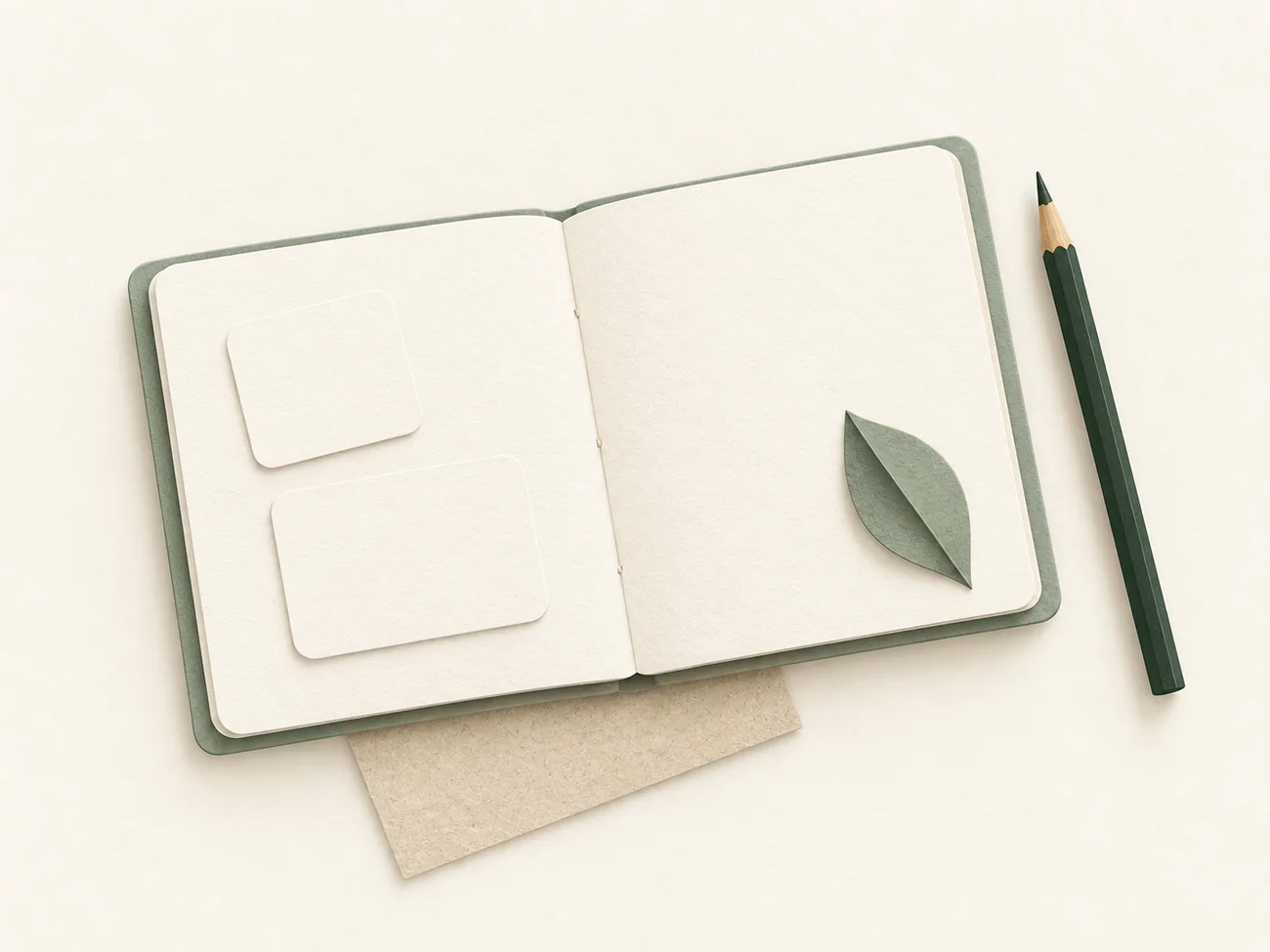 Paper-cut illustration of an open notebook, pencil and folded leaf