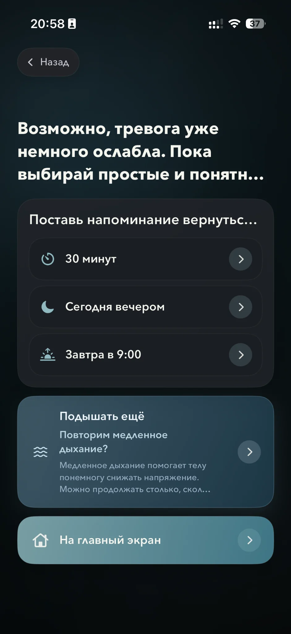 Экран Im fine с напоминанием вернуться к ситуации позже.
