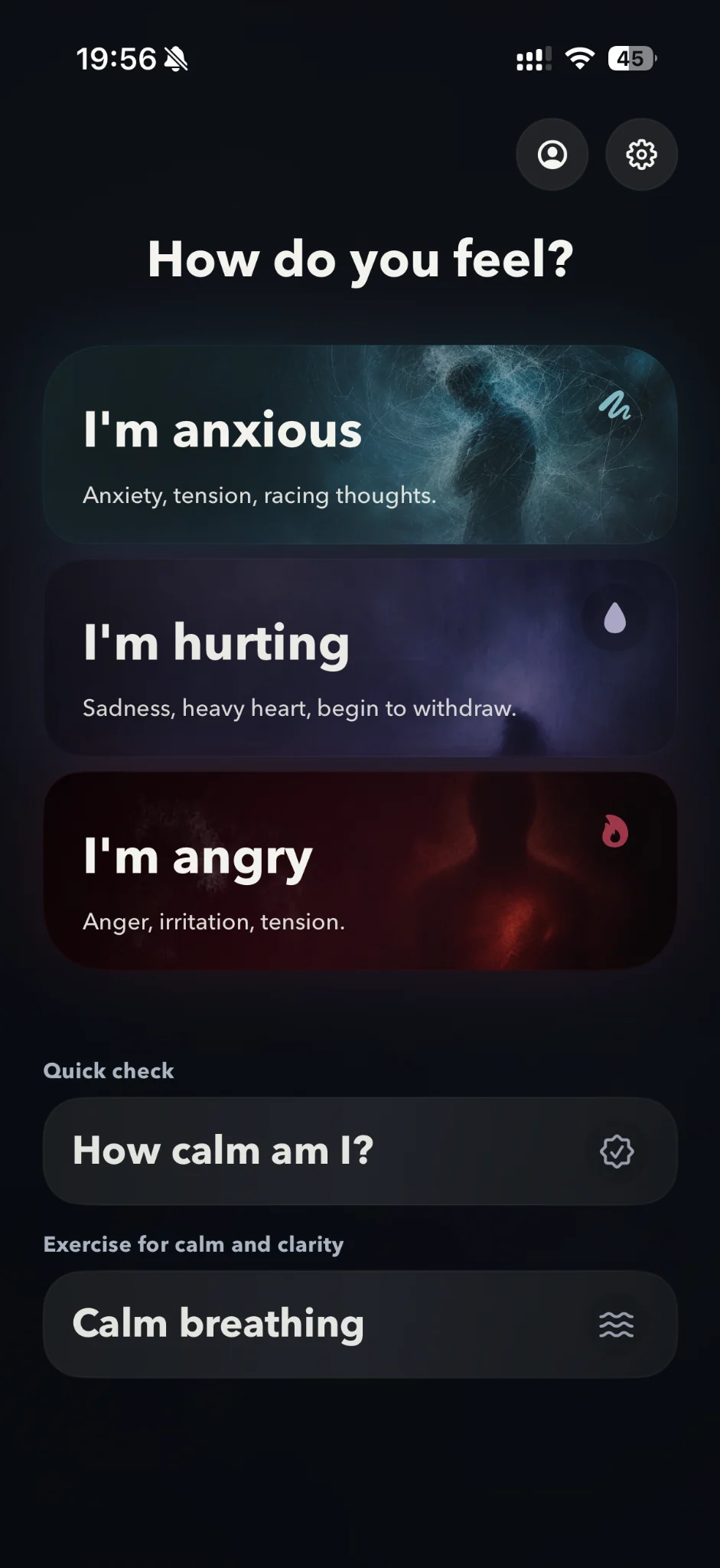 Im fine home screen with emotional paths and a calm breathing entry point.